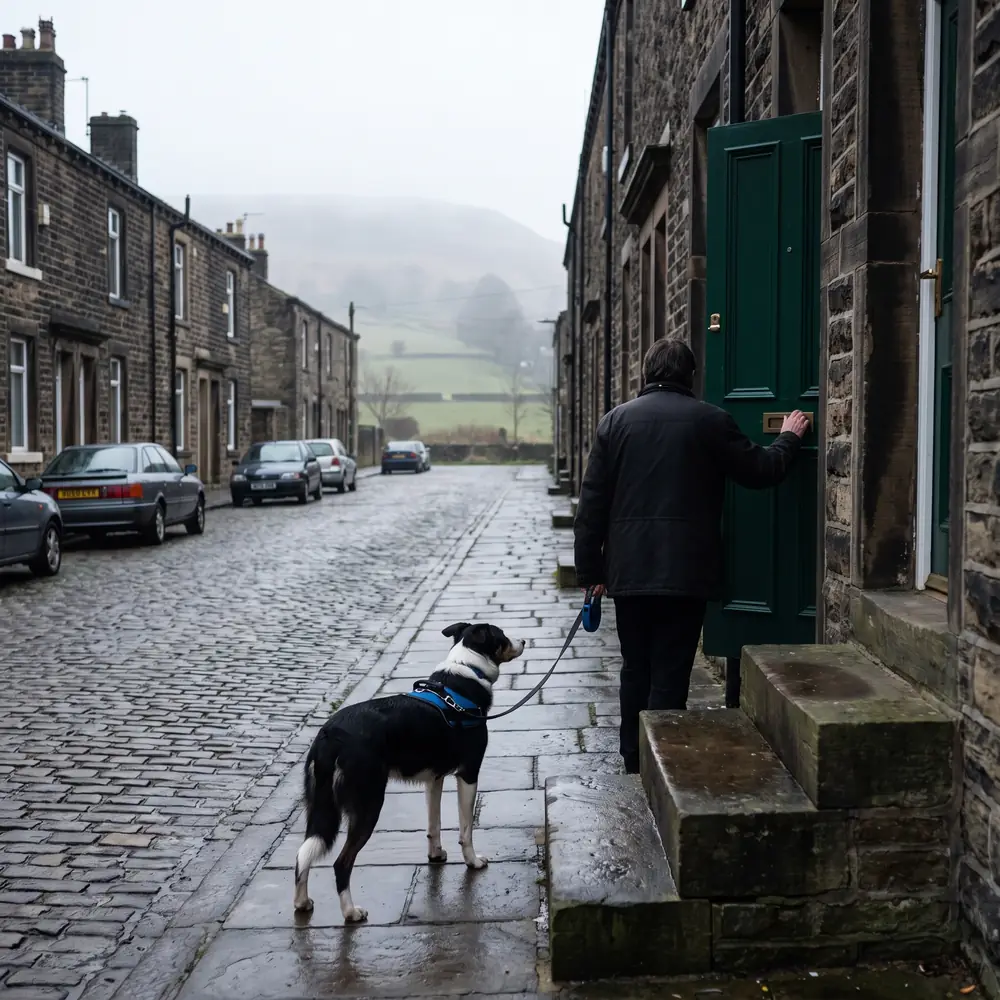 A collie cross on a lead at the foot of the front steps, looking up an empty terraced street
